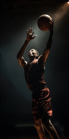 Basketball player training over dark background. Low angle view. Generative AI vertical illustrationの素材