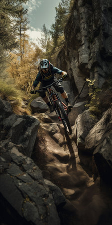 Mountain biker jumping over rock down the mountain. Generative AI vertical illustrationの素材