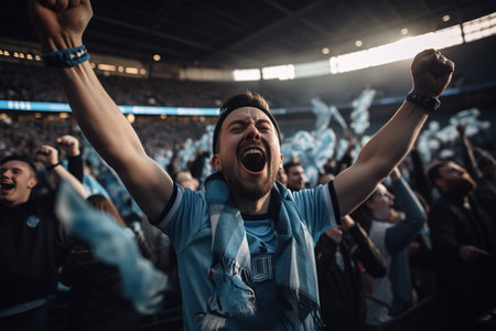 Fan celebrating his teams victory at soccer match in stadium. Generative AI illustrationの素材