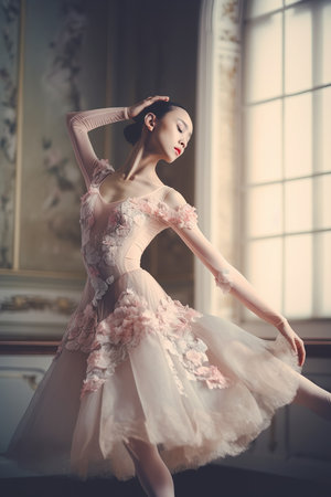 Gorgeous classical Asian ballet dancer posing with grace in old fashioned luxury building. Generative AI vertical illustrationの素材