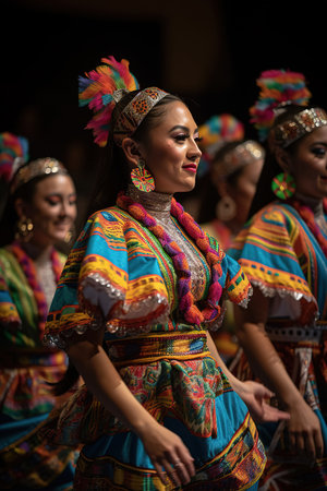 Mexican dancers wearing traditional costume dresses. Generative AI vertical illustrationの素材