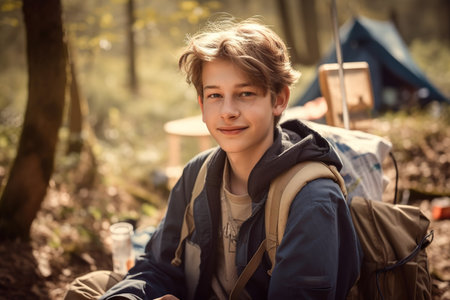 Portrait of young Caucasian scout in the forest for summer camp vacations. Generative AI illustrationの素材