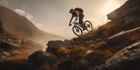 Mountain biker going down mountain hill at sunset. Generative AI illustrationの素材