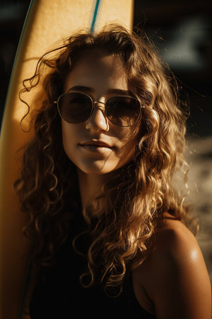Girl surfer posing looking at camera. Generative AI vertical shotの素材