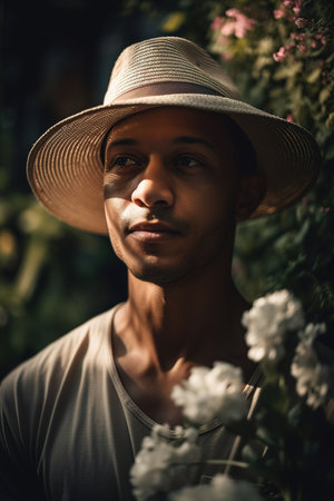 Young Latin man portrait in natural environment. Looking away. Generative AI vertical shotの素材