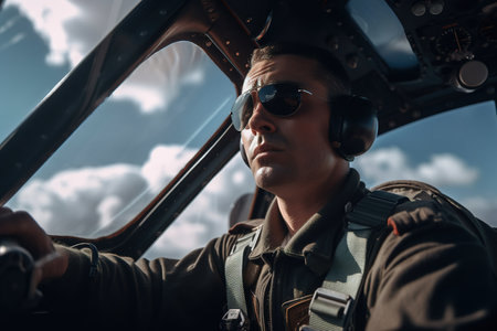 Portrait of professional army pilot in the plane. Close up shot. Generative AIの素材