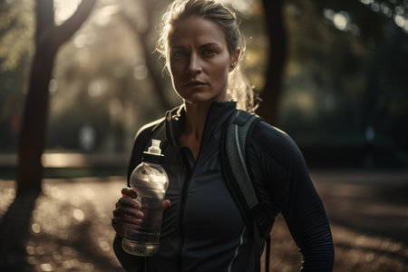 Caucasian woman exercising and drinking water at public park. Generative AIの素材