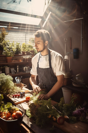 Young man chef cooking delicious healthy food. Generative AI vertical shotの素材