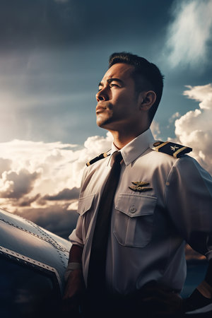 Professional commercial pilot posing in profile outdoors. Generative AI vertical shotの素材