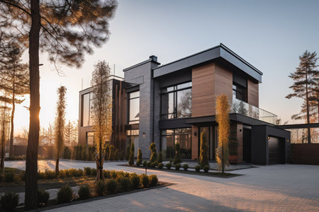 Residential house with luxury modern design at sunset. Generative AIの素材
