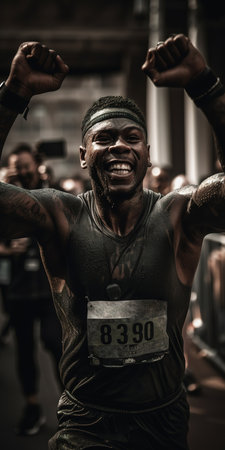 Professional runner celebrating winning racing in the street. Generative AI vertical shotの素材
