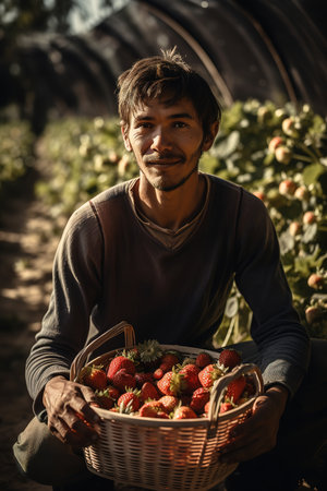Latin strawberry picker holding basket full of fruits in orchard. Generative AI vertical shotの素材