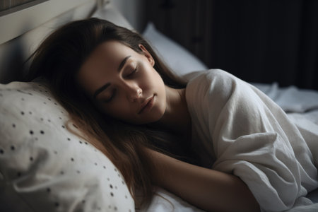 Young woman sleeping comfortably in her bed. Benefits of good sleeping. Generative AIの素材