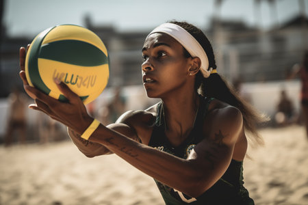 Brazilian professional beach volleyball player during tournament. Generative AIの素材