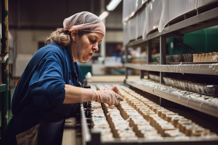Woman working on conveyor belt at food factory. Generative AIの素材
