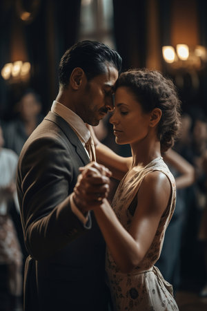 Couple dancing in ballroom at elegant party. Generative AI vertical shotの素材