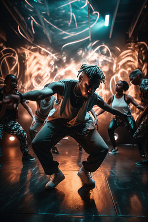 African American breakdancer in full movement on dance floor. Generative AI vertical shotの素材