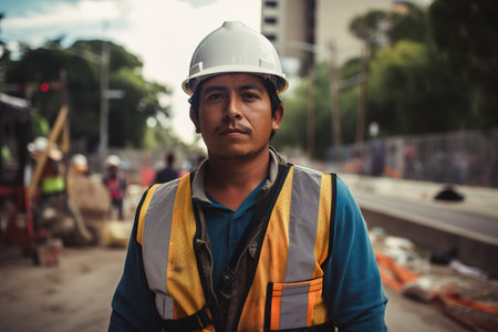 Latin American construction worker in construction site. Immigrant worker concept. Generative AIの素材