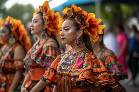 Mexican dancers wearing traditional colorful dresses in the street for 5 de Mayo celebrations. Generative AIの素材