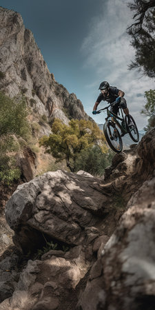 Professional mountain biker going down rocky terrain. Generative AI vertical shotの素材