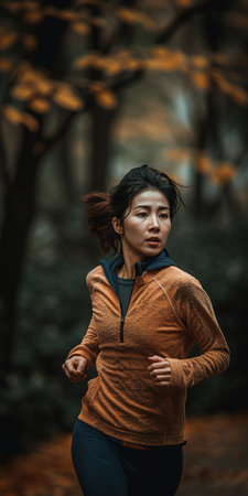Asian young female runner in the park at autumn. Generative AI vertical shotの素材