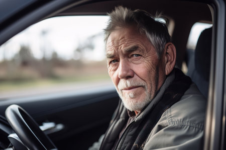 Mature man driving car and looking at camera, Real people concept. Generative AIの素材
