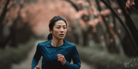 Asian young female running in the public park. Generative AIの素材