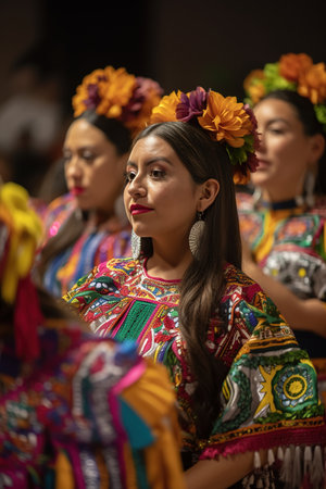 Mexican folkloric dancers group celebrating independence day. Generative AI vertical shotの素材