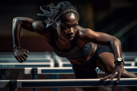 African American young woman athlete doing 110 meter hurdles training. Generative AIの素材