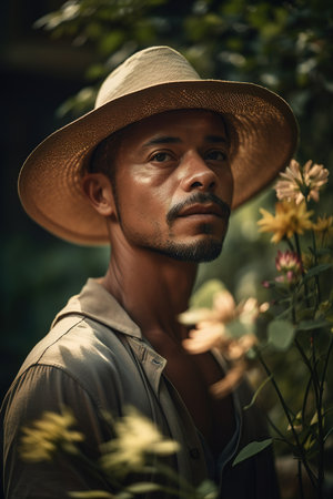 Latin American male portrait in the farm. Generative AI vertical shotの素材
