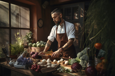 Vegan chef male cooking in rustic kitchen. Generative AIの素材