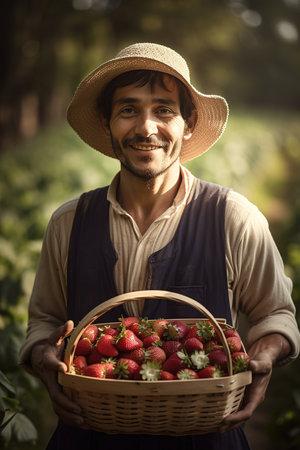 Latino man strawberry picker portrait under beautiful sunlight. Generative AI vertical shotの素材