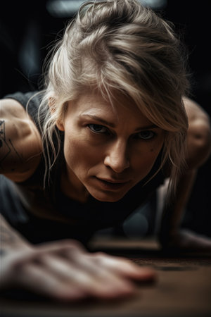 Low angle view of woman doing push ups. Close up shot. Generative AI vertical shotの素材