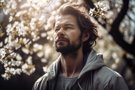 A man standing in front of a tree with white flowers. Generative AIの素材