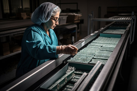 Woman working in conveyor belt production line in factory. Generative AIの素材