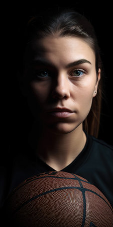 Portrait of female young basketball player. Studio shot over dark background. Generative AI vertical shotの素材