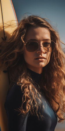 Caucasian surfer girl close up portrait. Generative AI vertical shotの素材