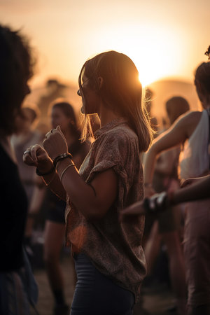 Group of people having fun at hippie festival at sunset. Generative AI vertical shotの素材