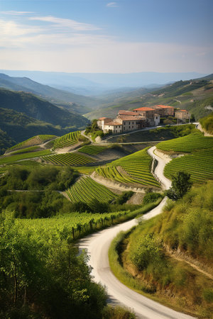 Vineyard fields in Tuscany valley. Generative AI vertical shotの素材