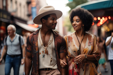 Young cool bohemian couple walking on the streets. Generative AIの素材