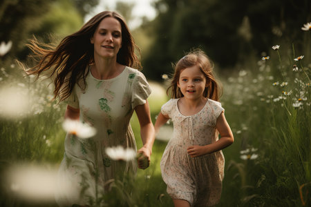 Little girl having fun with her mother in wild flowers field. Generative AIの素材