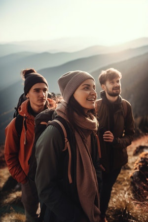 Friends hiking at the top of the mountain. Generative AI vertical shotの素材