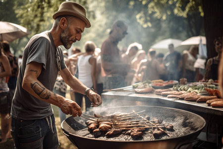 Man preparing barbecue at campsite. Generative AIの素材