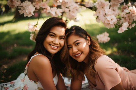 Two Asian women are posing for a picture under a treeの素材