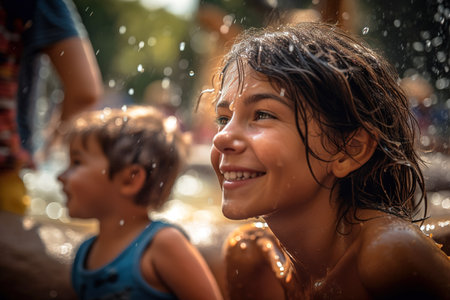 Kids enjoying at water park for summer vacations. Generative AIの素材