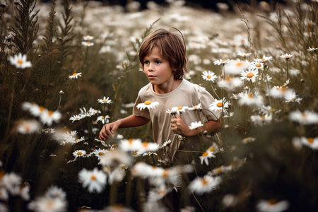 Child running in field of wild daisy flowers. Focus on foreground. Generative AIの素材