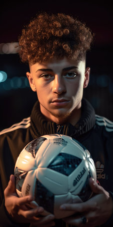 Portrait of boy soccer player. Dark background. Generative AI vertical shotの素材