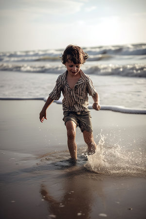 Happy boy having fun on the shore at the beach. Generative AI vertical shotの素材
