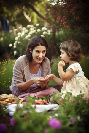 Real woman enjoying picnic day with her little daughter in the park. Generative AI vertical shotの素材