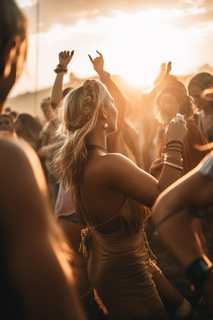 Hippie summer festival at sunset. People dancing and having fun. Generative AI vertical shotの素材